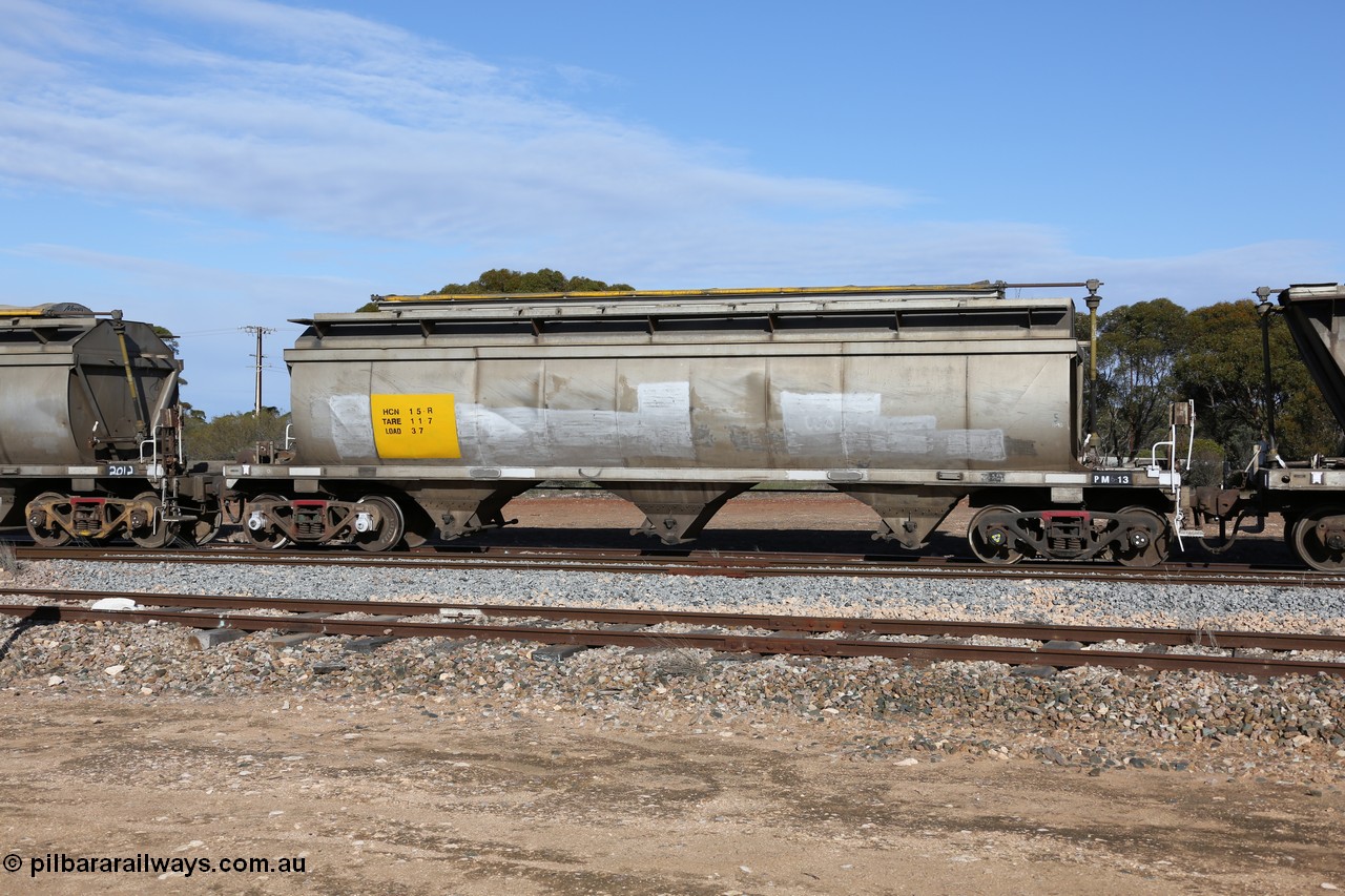 130704 0401
Kyancutta, HCN type bogie grain hopper waggon HCN 15, originally an NHB type hopper built by Tulloch Ltd for the Commonwealth Railways North Australia Railway. One of forty rebuilt by Islington Workshops 1978-79 to the HCN type with a 36 ton rating, increased to 40 tonnes in 1984. Seen here loaded with grain with a Moose Metalworks roll-top cover.
Keywords: HCN-type;HCN15;SAR-Islington-WS;rebuild;Tulloch-Ltd-NSW;NHB-type;NHB1588;
