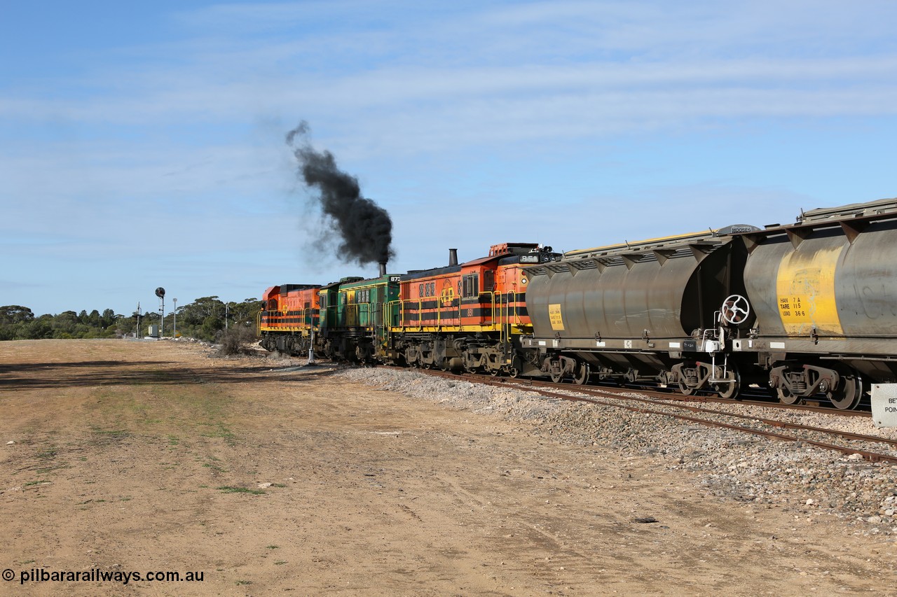 130704 0418
Kyancutta, south bound loaded grain train has stopped here to collect a loaded rack of grain waggons, seen here backing up to re-join the rest of the train on the mainline with one of only three electric signals on the network, behind EMD 1204 and twin ALCo 830 units 873 and 851. 4th July 2013.
Keywords: HAN-type;HAN54;1969-73/68-54;SAR-Islington-WS;