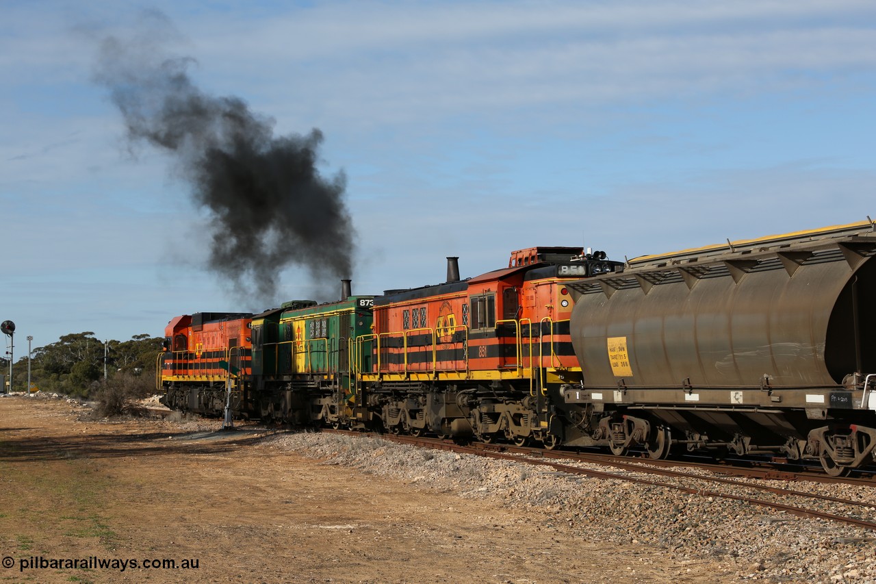 130704 0419
Kyancutta, south bound loaded grain train has stopped here to collect a loaded rack of grain waggons, seen here backing up to re-join the rest of the train on the mainline with one of only three electric signals on the network, behind EMD 1204 and twin ALCo 830 units 873 and 851. 4th July 2013.
Keywords: HAN-type;HAN54;1969-73/68-54;SAR-Islington-WS;