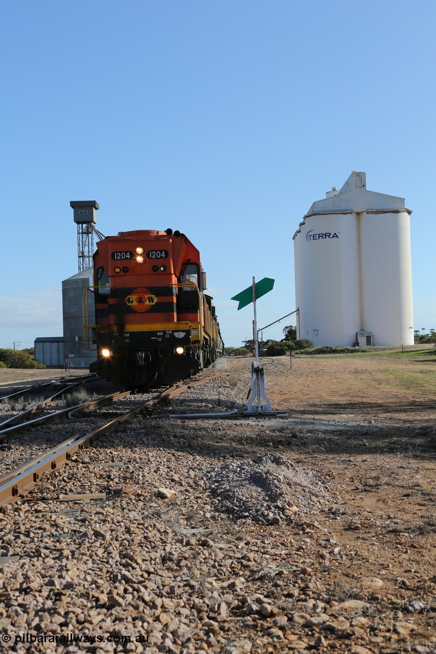130704 0432
Kyancutta, 1200 class unit 1204 wearing current owner Genesee & Wyoming livery is a Clyde Engineering built EMD G12C model with serial 65-428 heads up a loaded grain train as it undertakes a brake test following shunting to attach a further fourteen waggons. 4th July 2013.
Keywords: 1200-class;1204;Clyde-Engineering-Granville-NSW;EMD;G12C;65-428;A-class;A1514;