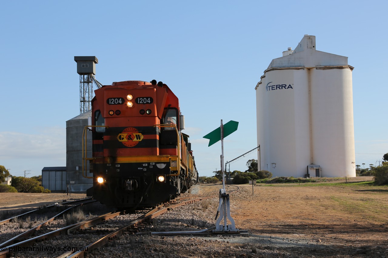130704 0433
Kyancutta, 1200 class unit 1204 wearing current owner Genesee & Wyoming livery is a Clyde Engineering built EMD G12C model with serial 65-428 heads up a loaded grain train as it undertakes a brake test following shunting to attach a further fourteen waggons. 4th July 2013.
Keywords: 1200-class;1204;Clyde-Engineering-Granville-NSW;EMD;G12C;65-428;A-class;A1514;
