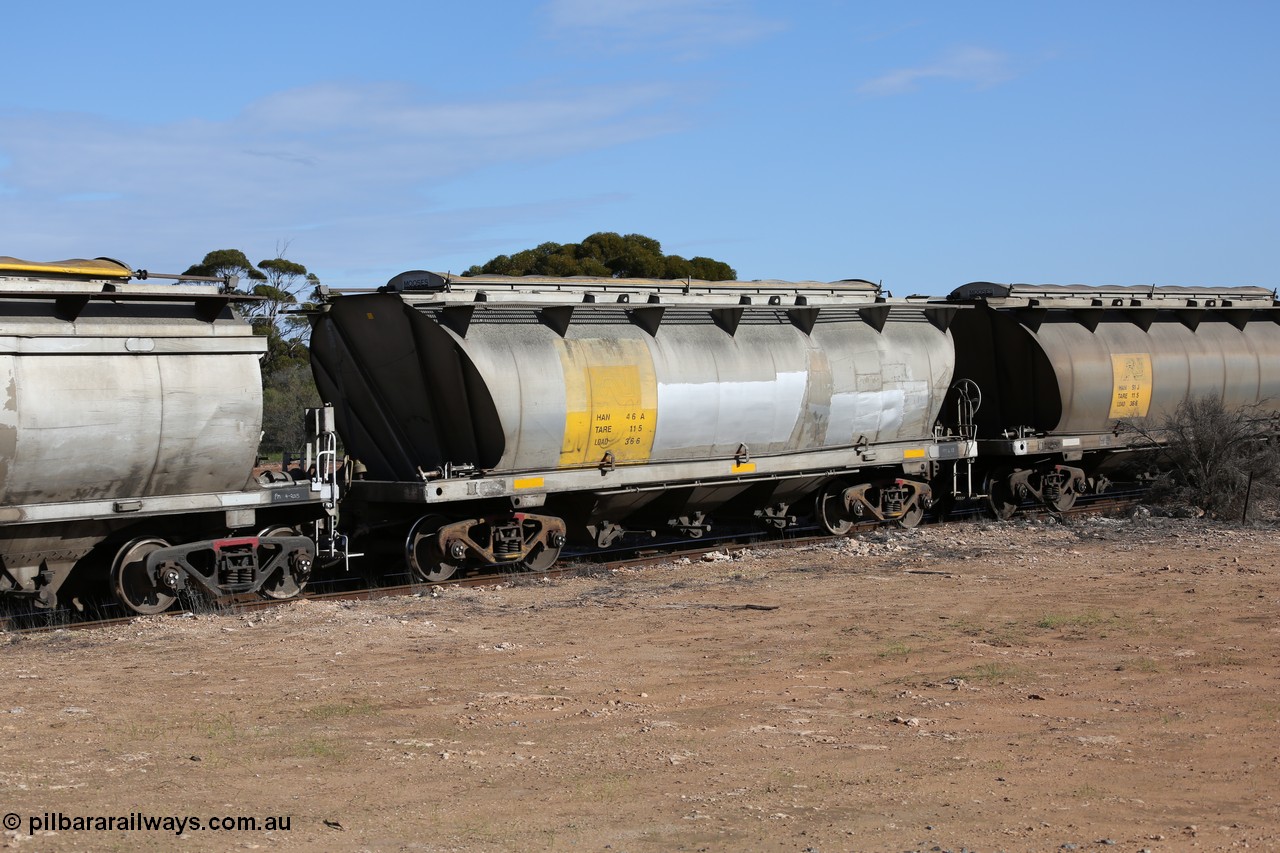 130704 0453
Kyancutta, HAN type bogie grain hopper waggon HAN 46, one of sixty eight units built by South Australian Railways Islington Workshops between 1969 and 1973 as the HAN type for the Eyre Peninsula system.
Keywords: HAN-type;HAN46;1969-73/68-46;SAR-Islington-WS;