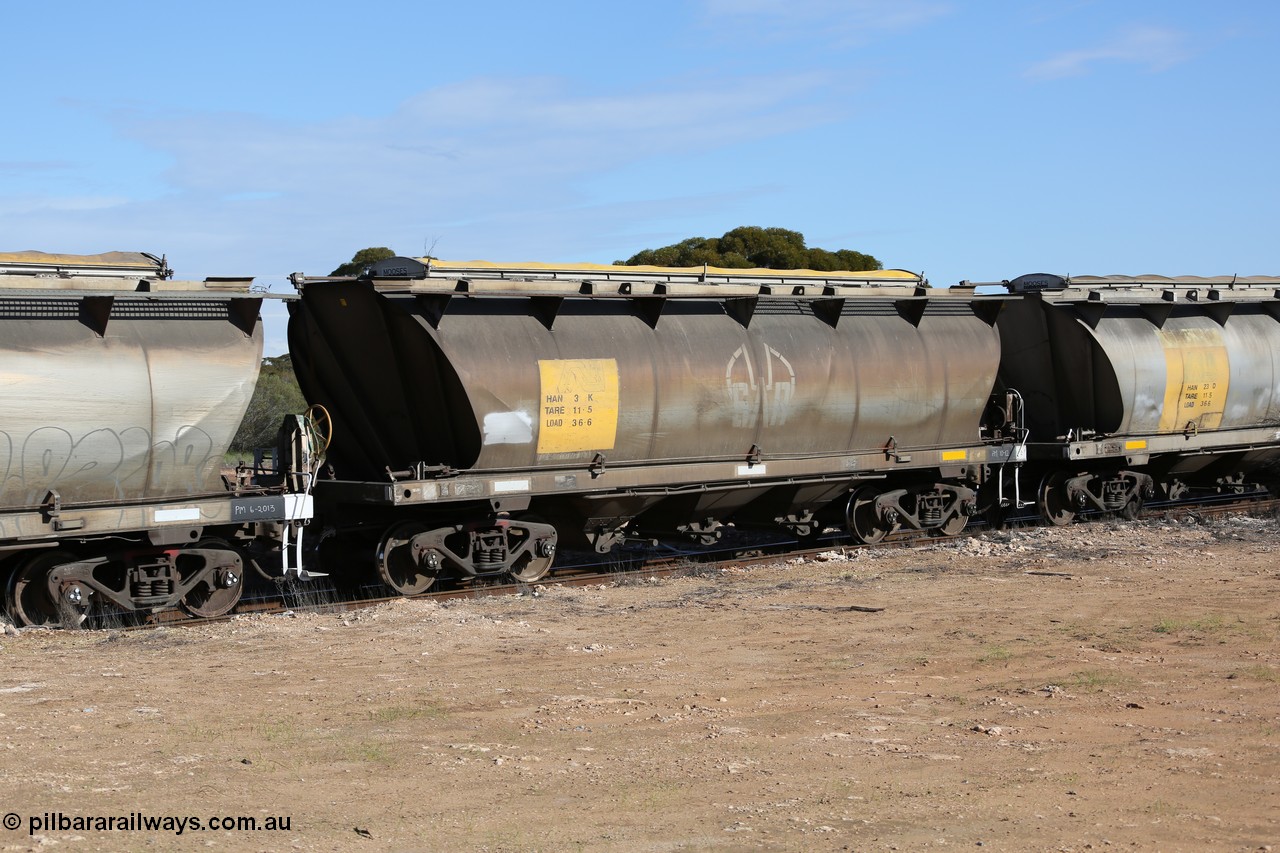 130704 0460
Kyancutta, HAN type bogie grain hopper waggon HAN 3, one of sixty eight units built by South Australian Railways Islington Workshops between 1969 and 1973 as the HAN type for the Eyre Peninsula system.
Keywords: HAN-type;HAN3;1969-73/68-3;SAR-Islington-WS;