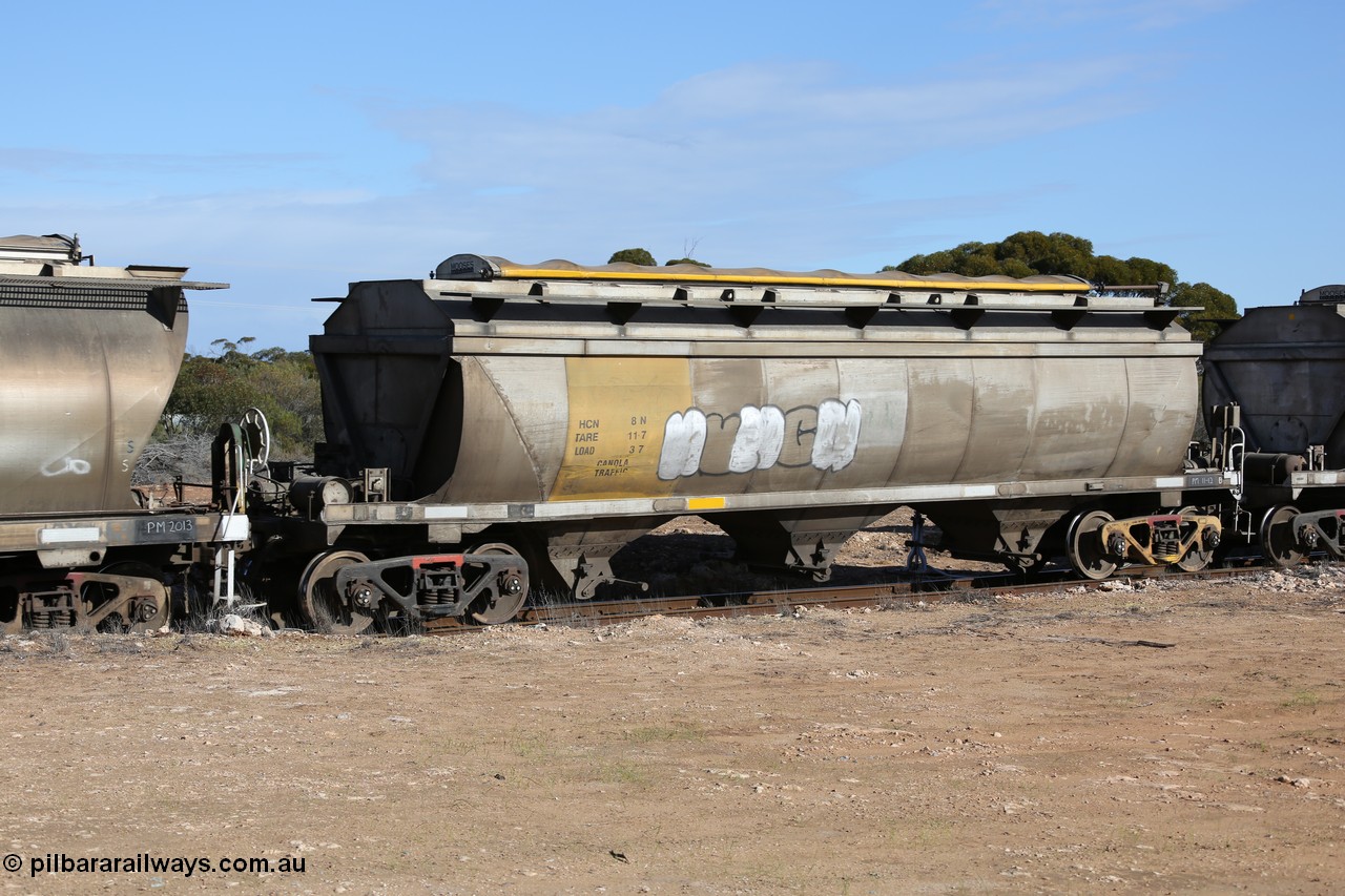 130704 0478
Kyancutta, HCN type bogie grain hopper waggon HCN 8, originally an NHB type hopper built by Tulloch Ltd for the Commonwealth Railways North Australia Railway. One of forty rebuilt by Islington Workshops 1978-79 to the HCN type with a 36 ton rating, increased to 40 tonnes in 1984. Seen here loaded with grain with a Moose Metalworks roll-top cover.
Keywords: HCN-type;HCN8;SAR-Islington-WS;rebuild;Tulloch-Ltd-NSW;NHB-type;NHB1571;