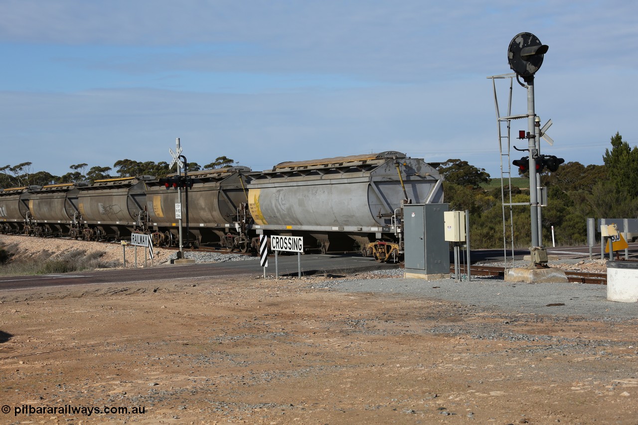 130704 0484
Kyancutta, the rear of a south bound loaded grain as it departs with the final five waggons all HCN type bogie grain hoppers converted by SAR Islington Workshops from Tulloch Ltd NSW built NHB type hopper waggons as they cross the Eyre Highway grade crossing and one of the three electric searchlight signals on the network. 4th July 2013.
Keywords: HCN-type;HCN40;SAR-Islington-WS;rebuild;Tulloch-Ltd-NSW;NHB-type;NHB1596;