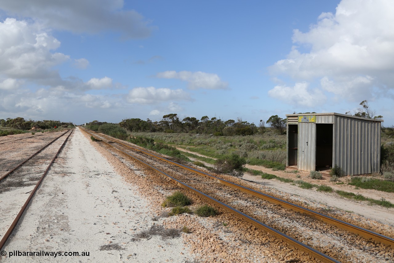 130704 0488
Moule, yard overview looking east, Moule located at the 445.6 km was opened in February 1966 when the Direct Line between Ceduna and Kevin was opened. From the left is the end of the ballast siding with the crossing loop rejoining the mainline just before the grade crossing to access the ballast stockpile area. [url=https://goo.gl/maps/KTtpy7LJB4tmHaTt6]Location is here[/url]. 4th July 2013.
