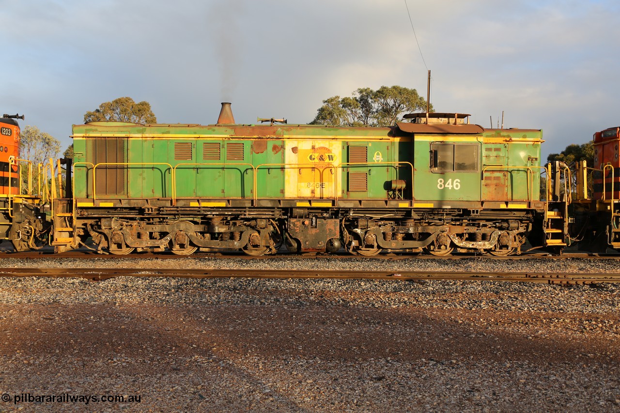 130705 0519
Lock, former Australian National narrow gauge 830 class locomotive 846, an AE Goodwin built ALCo DL531 model with serial 84715 built new for the SAR in 1963 and delivered to Adelaide Division on broad gauge, transferred to Tasmania on narrow gauge in 1982, then back to SA on standard gauge in 1989 and then Whyalla in 2008 on narrow gauge. In 2012 is was delivered to Port Lincoln, the last loco delivered to the Eyre Peninsula and wearing Genesee & Wyoming decals on former AN livery. 5th July 2013.
Keywords: 830-class;846;AE-Goodwin;ALCo;DL531;84715;