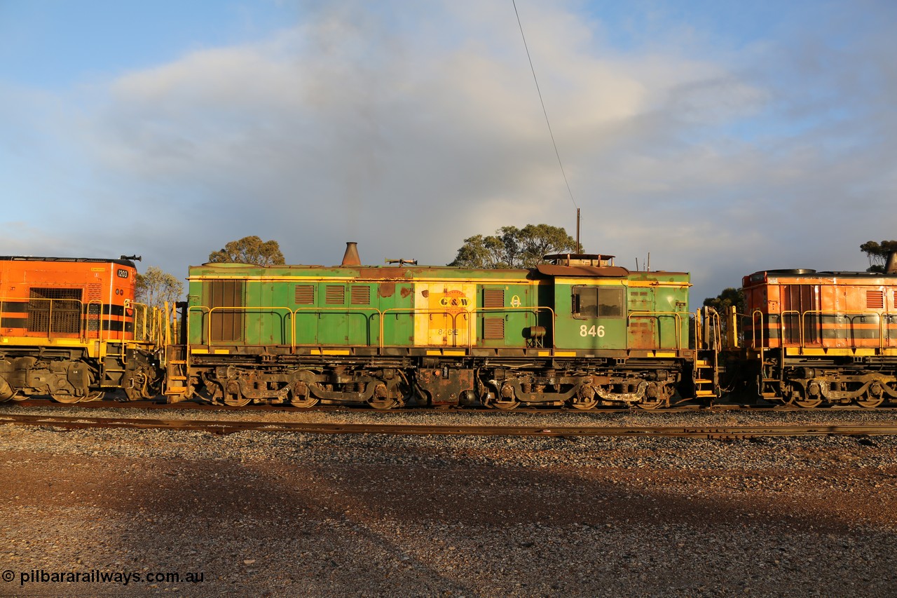 130705 0520
Lock, former Australian National narrow gauge 830 class locomotive 846, an AE Goodwin built ALCo DL531 model with serial 84715 built new for the SAR in 1963 and delivered to Adelaide Division on broad gauge, transferred to Tasmania on narrow gauge in 1982, then back to SA on standard gauge in 1989 and then Whyalla in 2008 on narrow gauge. In 2012 is was delivered to Port Lincoln, the last loco delivered to the Eyre Peninsula and wearing Genesee & Wyoming decals on former AN livery. 5th July 2013.
Keywords: 830-class;846;AE-Goodwin;ALCo;DL531;84715;