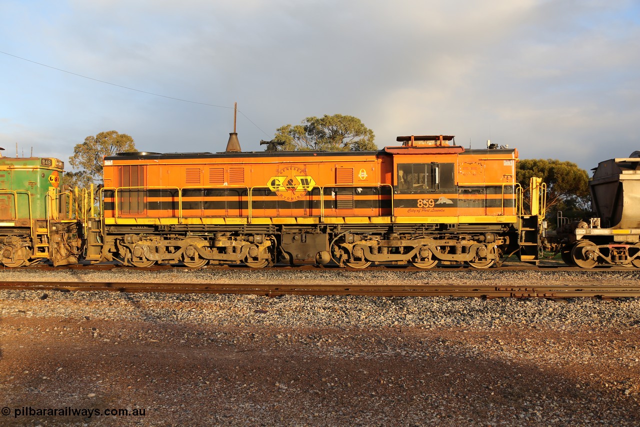 130705 0521
Lock, Genesee & Wyoming locomotive AE Goodwin ALCo model DL531 unit 859 'City of Port Lincoln' serial 84705, built in 1963, 859 started life at Peterborough, spent some years in Tasmania and even spent time in Perth on standard gauge in 2002 before being repainted and transferred to the Eyre Peninsula system in 2003. 5th of July 2013.
Keywords: 830-class;859;AE-Goodwin;ALCo;DL531;84705;