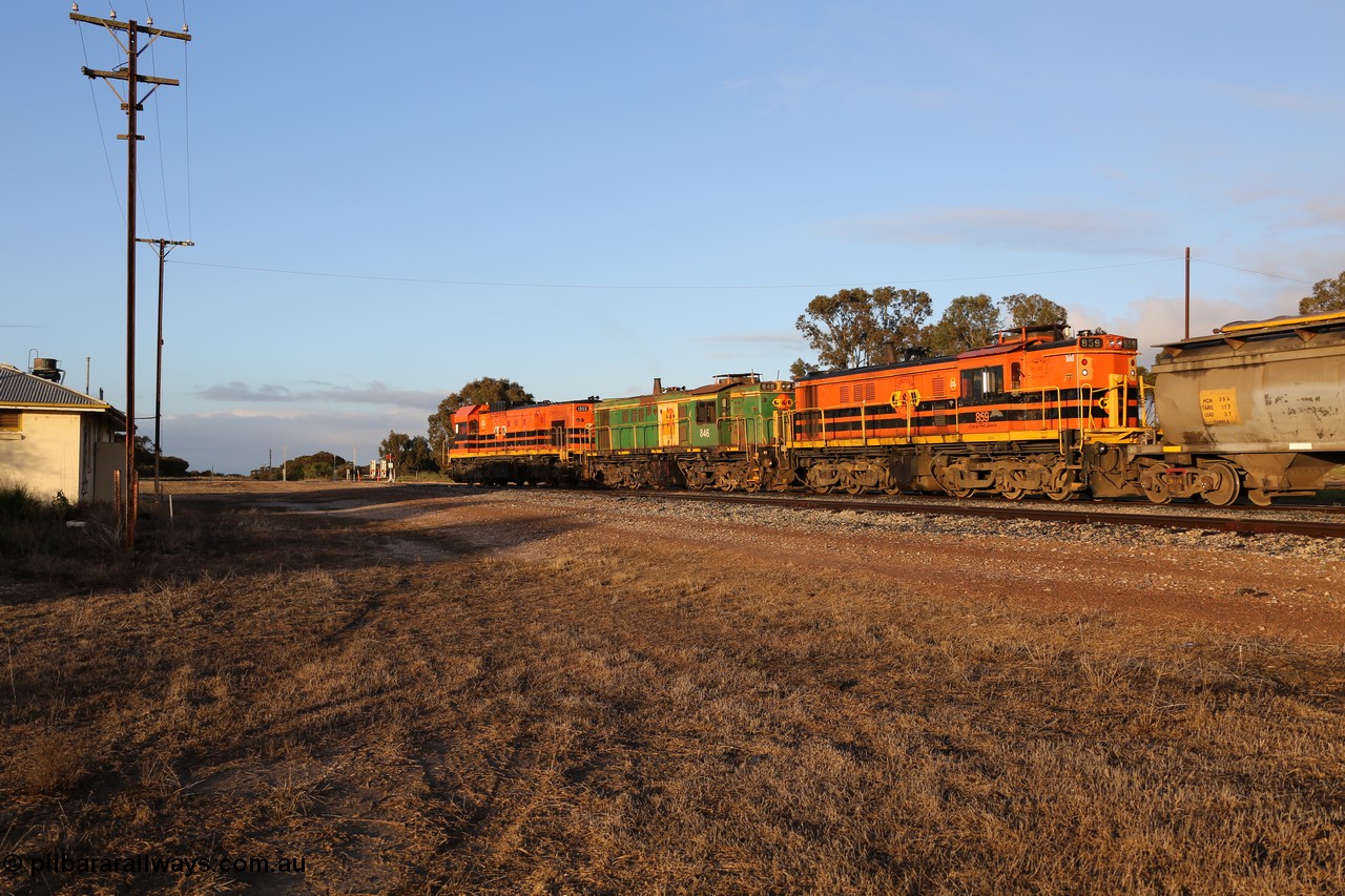 130705 0526
Lock, 1203, 846 and 859 shunt their loading grain train out of the siding onto the mainline. Genesee & Wyoming locomotive AE Goodwin ALCo model DL531 unit 859 'City of Port Lincoln' serial 84705, built in 1963, 859 started life at Peterborough, spent some years in Tasmania and even spent time in Perth on standard gauge in 2002 before being repainted and transferred to the Eyre Peninsula system in 2003. The barracks are just visible at left. 5th of July 2013.
Keywords: 830-class;859;AE-Goodwin;ALCo;DL531;84705;
