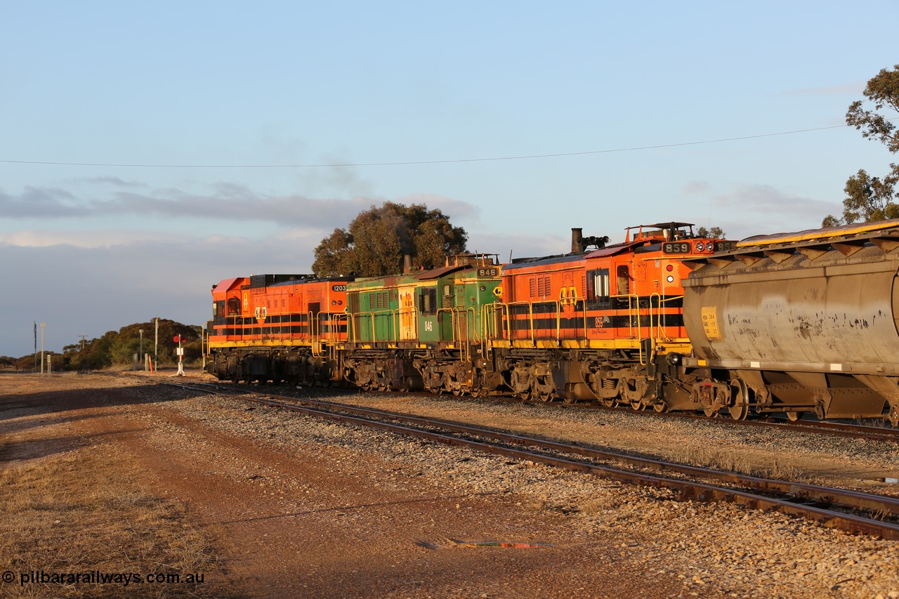 130705 0529
Lock, 1203, 846 and 859 shunt their loading grain train out of the siding onto the mainline. Genesee & Wyoming locomotive AE Goodwin ALCo model DL531 unit 859 'City of Port Lincoln' serial 84705, built in 1963, 859 started life at Peterborough, spent some years in Tasmania and even spent time in Perth on standard gauge in 2002 before being repainted and transferred to the Eyre Peninsula system in 2003. 5th of July 2013.
Keywords: 830-class;859;AE-Goodwin;ALCo;DL531;84705;