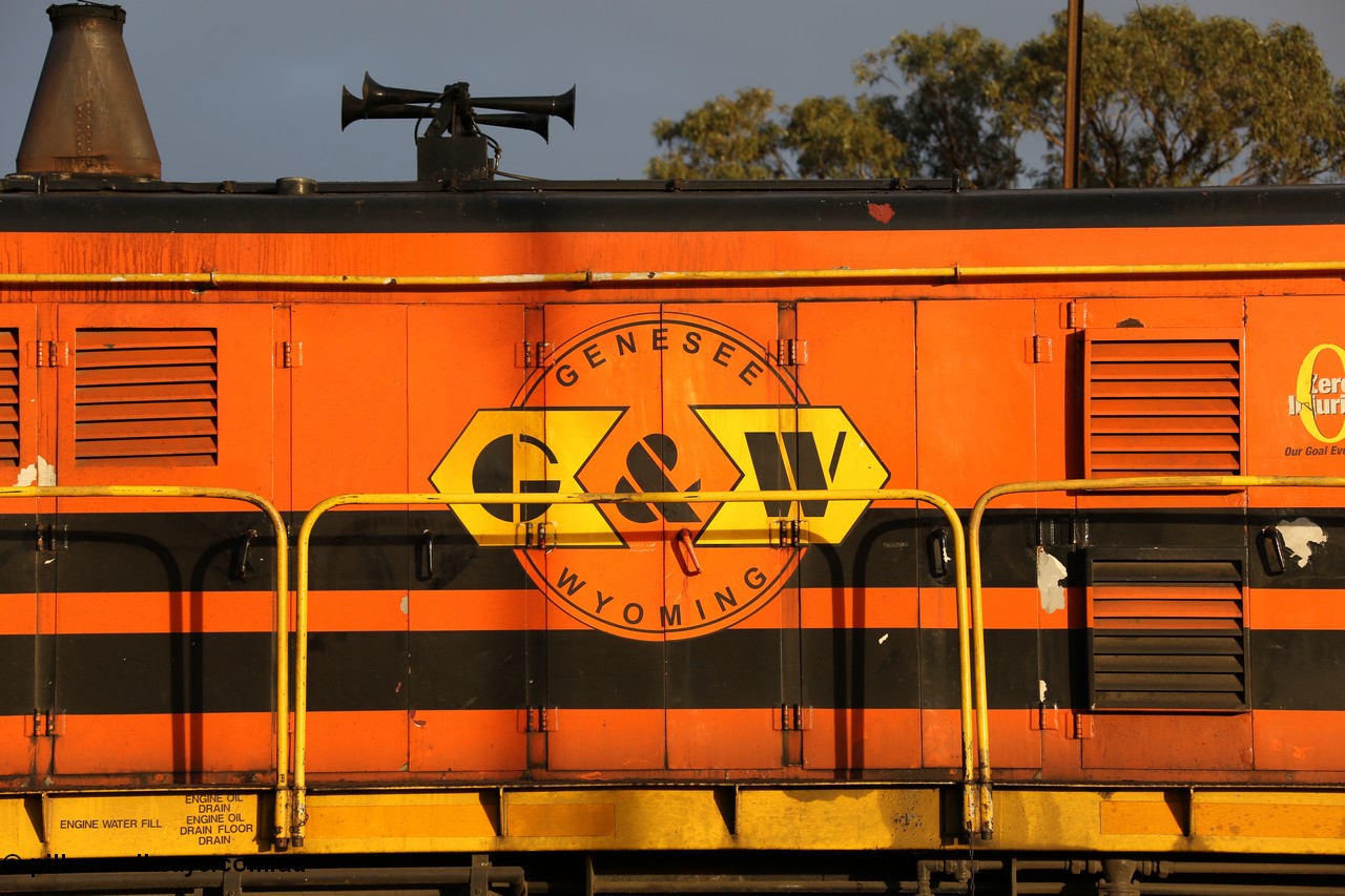 130705 0532
Lock, hood view of the Genesee & Wyoming decal on locomotive AE Goodwin ALCo model DL531 unit 859 'City of Port Lincoln' serial 84705, built in 1963, 859 started life at Peterborough, spent some years in Tasmania and even spent time in Perth on standard gauge in 2002 before being repainted and transferred to the Eyre Peninsula system in 2003. 5th of July 2013.
Keywords: 830-class;859;AE-Goodwin;ALCo;DL531;84705;