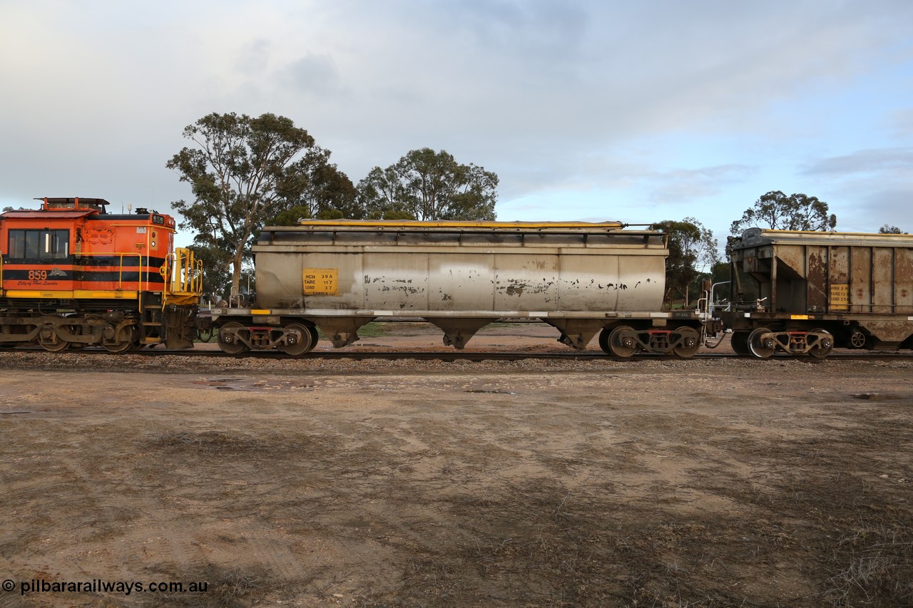 130705 0551
Lock, HCN type bogie grain hopper waggon HCN 39, originally an NHB type hopper NHB 1573 built by Tulloch Ltd for the Commonwealth Railways North Australia Railway. One of forty rebuilt by Islington Workshops 1978-79 to the HCN type with a 36 ton rating, increased to 40 tonnes in 1984. Fitted with a Moose Metalworks roll-top cover. 5th July 2013.
Keywords: HCN-type;HCN39;SAR-Islington-WS;rebuild;Tulloch-Ltd-NSW;NHB-type;NHB1573;