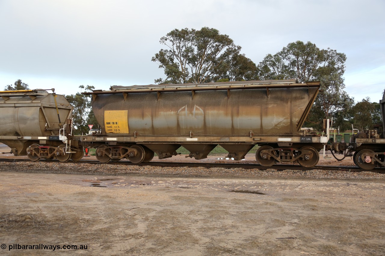 130705 0557
Lock, HAN type bogie grain hopper waggon HAN 18, one of sixty eight units built by South Australian Railways Islington Workshops between 1969 and 1973 as the HAN type for the Eyre Peninsula system. 5th July 2013.
Keywords: HAN-type;HAN18;1969-73/68-18;SAR-Islington-WS;
