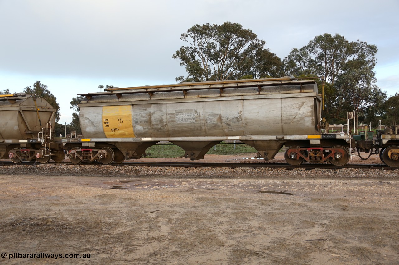 130705 0559
Lock, HCN type bogie grain hopper waggon HCN 26, originally an NHB type hopper NHB 1578 built by Tulloch Ltd for the Commonwealth Railways North Australia Railway. One of forty rebuilt by Islington Workshops 1978-79 to the HCN type with a 36 ton rating, increased to 40 tonnes in 1984. Fitted with a Moose Metalworks roll-top cover. 5th July 2013.
Keywords: HCN-type;HCN26;SAR-Islington-WS;rebuild;Tulloch-Ltd-NSW;NHB-type;NHB1578;