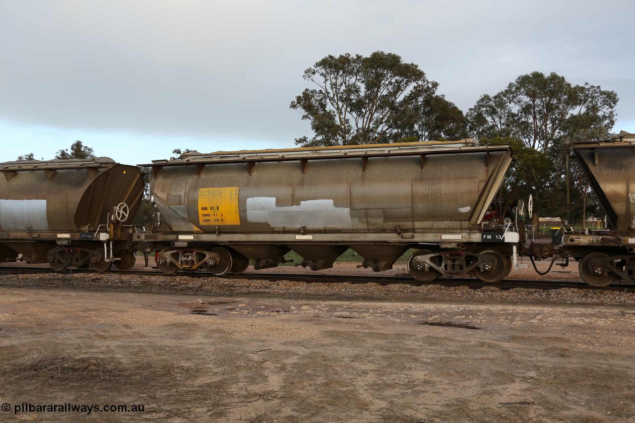 130705 0569
Lock, HAN type bogie grain hopper waggon HAN 61, one of sixty eight units built by South Australian Railways Islington Workshops between 1969 and 1973 as the HAN type for the Eyre Peninsula system. 5th July 2013.
Keywords: HAN-type;HAN61;1969-73/68-61;SAR-Islington-WS;