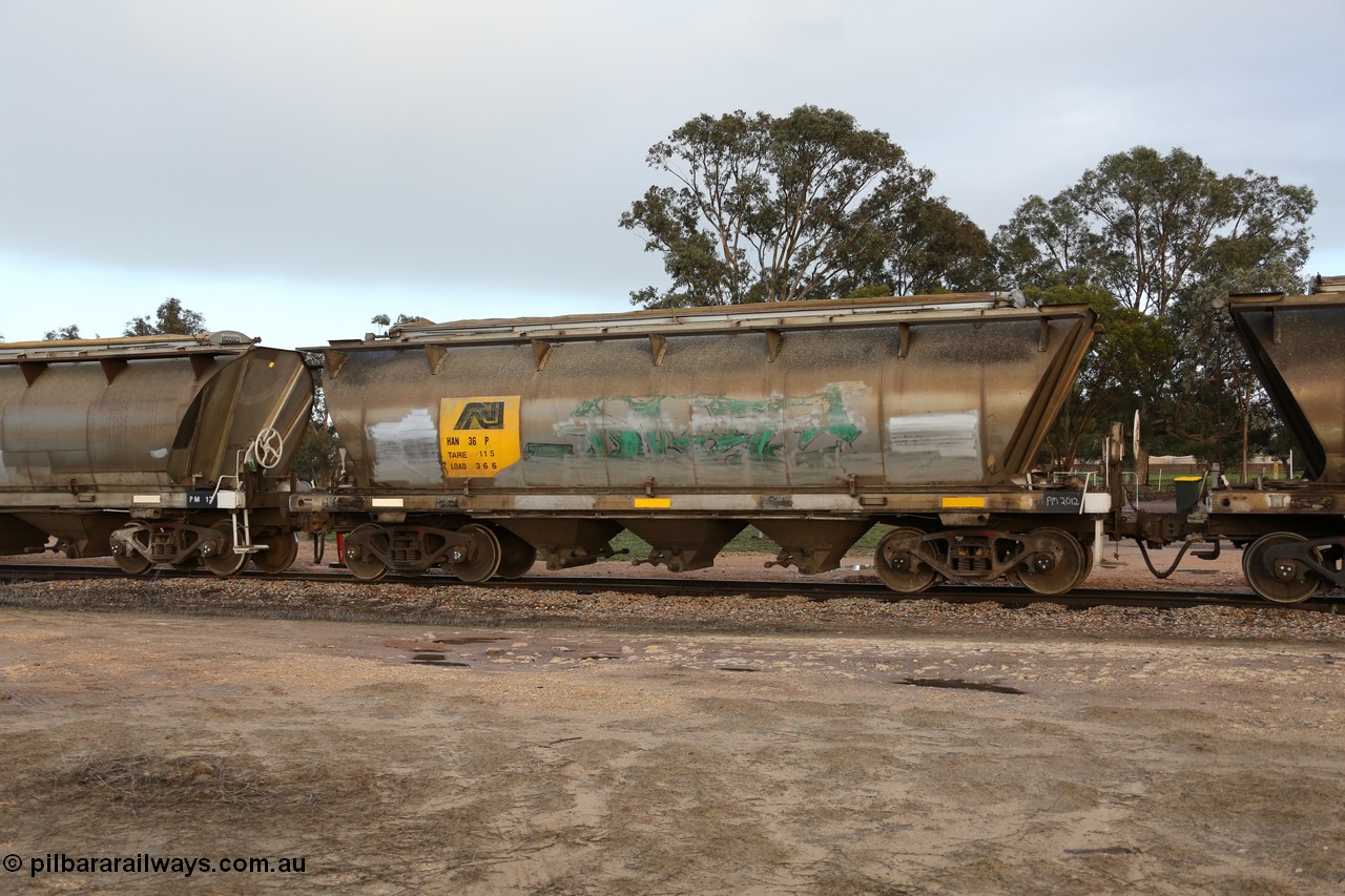 130705 0570
Lock, HAN type bogie grain hopper waggon HAN 36, one of sixty eight units built by South Australian Railways Islington Workshops between 1969 and 1973 as the HAN type for the Eyre Peninsula system. 5th July 2013.
Keywords: HAN-type;HAN36;1969-73/68-36;SAR-Islington-WS;