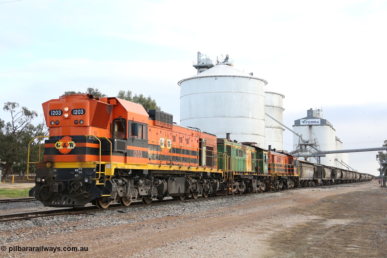 130705 0585
Lock, located at the 148.5 km and originally named Terre when opened in May 1913, later renamed to Lock in December 1921. From the left background is the Ascom silo complex (Block 5), then blocks 2, 1 and 3, the train is on the mainline with the horizontal bunker (Block 4) on the right. 5th of July 2013.
Keywords: 1200-class;1203;Clyde-Engineering-Granville-NSW;EMD;G12C;65-427;A-class;A1513;