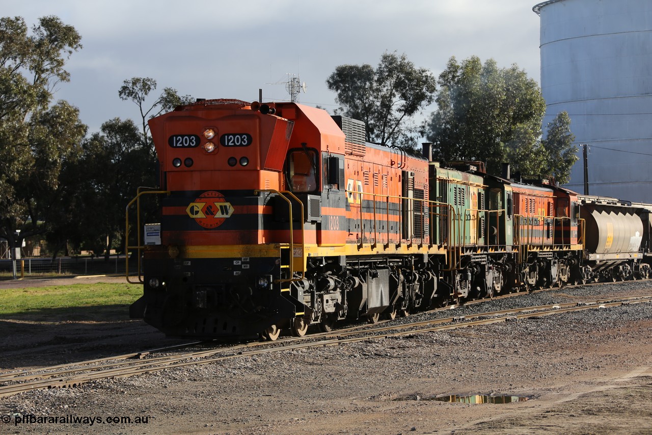 130705 0618
Lock, with loading finished, 1203 leads 846, 859 and the final portion along goods siding #1 as it prepares to shunt back onto the loaded portion on the mainline for departure to Port Lincoln.
Keywords: 1200-class;1203;Clyde-Engineering-Granville-NSW;EMD;G12C;65-427;A-class;A1513;