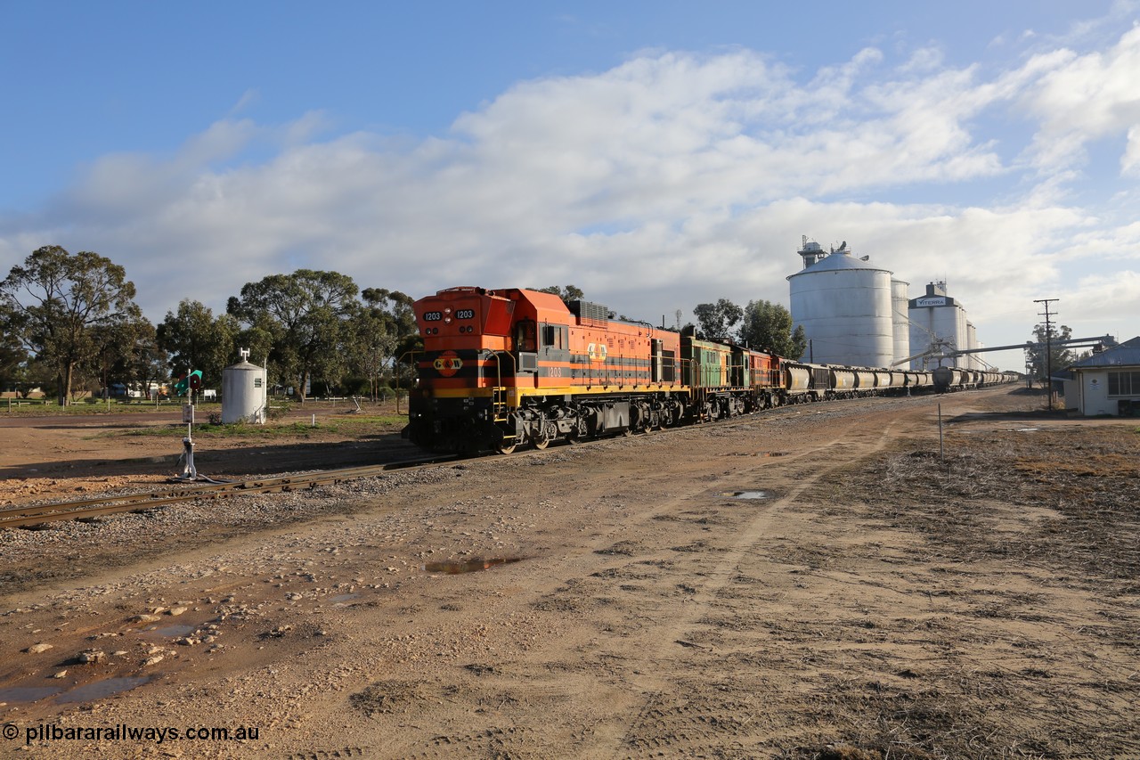 130705 0621
Lock, with loading finished, 1203 leads 846, 859 and the final portion along goods siding #1 as it prepares to shunt back onto the loaded portion on the mainline for departure to Port Lincoln.
Keywords: 1200-class;1203;Clyde-Engineering-Granville-NSW;EMD;G12C;65-427;A-class;A1513;