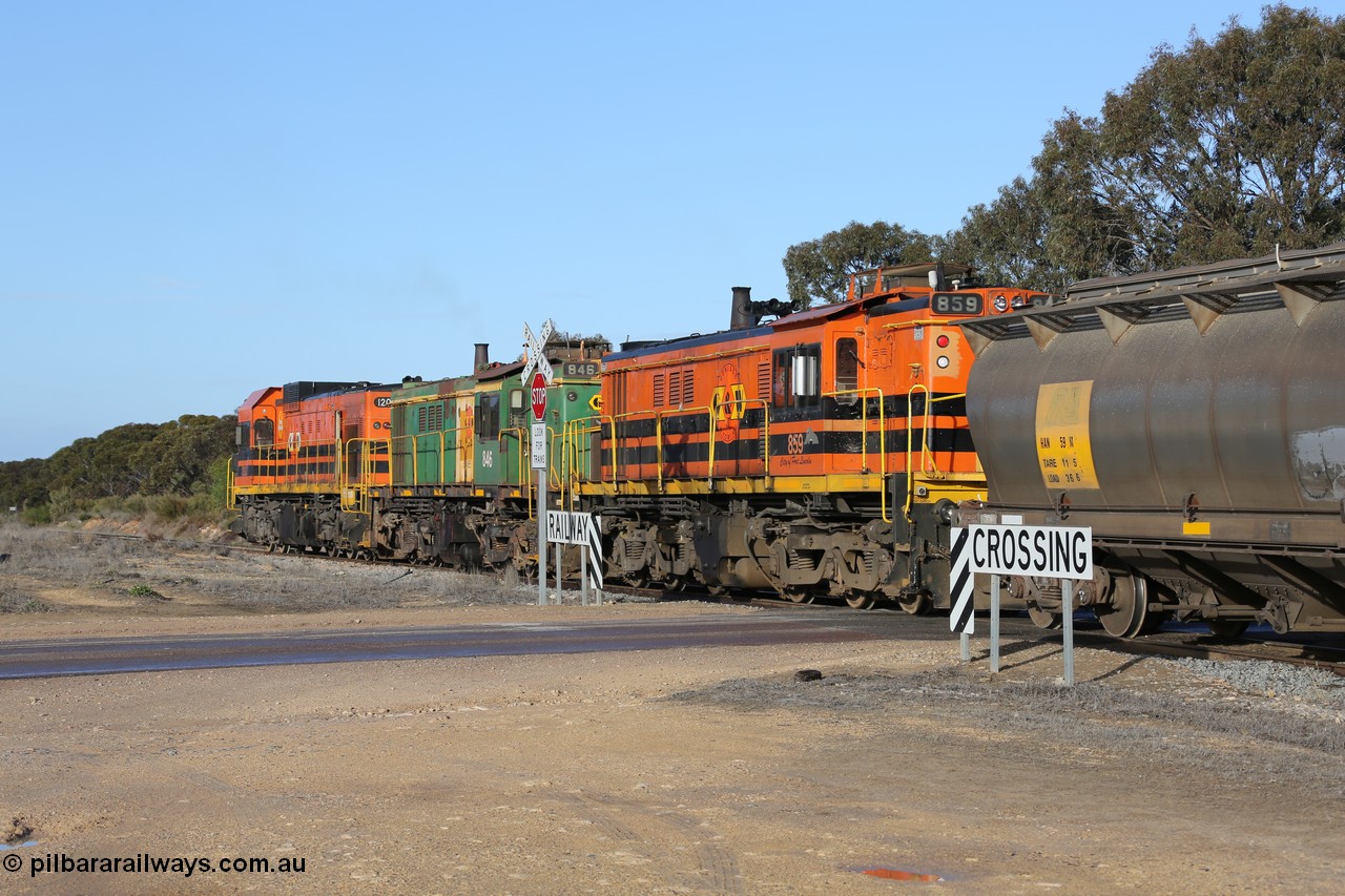 130705 0626
Lock, with loading finished, 1203 leads 846, 859 and the final portion out along the mainline out of goods siding #1 as it prepares to shunt back onto the loaded portion on the mainline for departure to Port Lincoln.
Keywords: 830-class;859;AE-Goodwin;ALCo;DL531;84705;