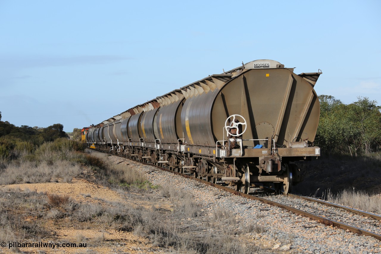 130705 0630
Lock, the final loaded portion shunts up the mainline before rejoining the first portion sitting on the mainline in the yard, HAN type bogie grain hopper waggon HAN 38, one of sixty eight units built by South Australian Railways Islington Workshops between 1969 and 1973 as the HAN type for the Eyre Peninsula system.
Keywords: HAN-type;HAN38;1969-73/68-38;SAR-Islington-WS;