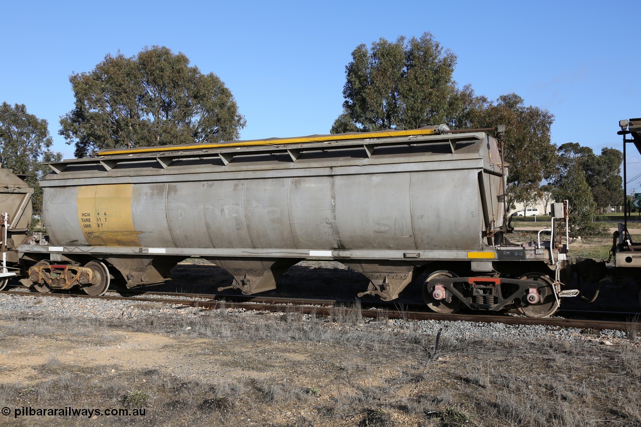 130705 0636
Lock, HCN type bogie grain hopper waggon HCN 4, originally an NHB type hopper built by Tulloch Ltd for the Commonwealth Railways North Australia Railway. One of forty rebuilt by Islington Workshops 1978-79 to the HCN type with a 36 ton rating, increased to 40 tonnes in 1984. Seen here loaded with grain with a Moose Metalworks roll-top cover.
Keywords: HCN-type;HCN4;SAR-Islington-WS;rebuild;Tulloch-Ltd-NSW;NHB-type;NHB1017;
