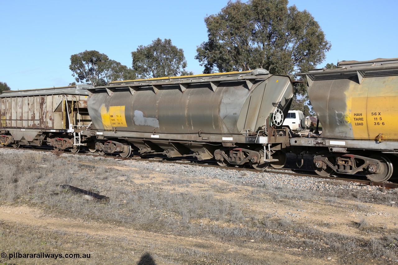 130705 0644
Lock, HAN type bogie grain hopper waggon HAN 12, one of sixty eight units built by South Australian Railways Islington Workshops between 1969 and 1973 as the HAN type for the Eyre Peninsula system.
Keywords: HAN-type;HAN12;1969-73/68-12;SAR-Islington-WS;