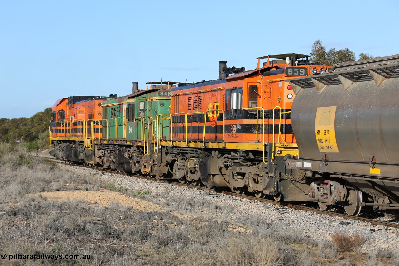 130705 0647
Lock, 859, 846 and 1203 shunt back into the yard, HAN type bogie grain hopper waggon HAN 59, one of sixty eight units built by South Australian Railways Islington Workshops between 1969 and 1973 as the HAN type for the Eyre Peninsula system.
Keywords: 830-class;859;AE-Goodwin;ALCo;DL531;84705;