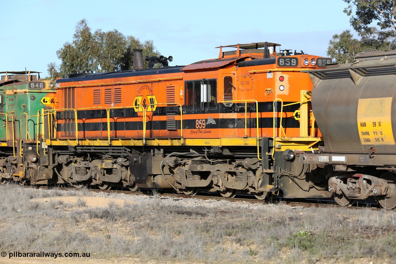 130705 0651
Lock, Genesee & Wyoming locomotive AE Goodwin ALCo model DL531 unit 859 'City of Port Lincoln' serial 84705, built in 1963, 859 started life at Peterborough, spent some years in Tasmania and even spent time in Perth on standard gauge in 2002 before being repainted and transferred to the Eyre Peninsula system in 2003. 5th of July 2013.
Keywords: 830-class;859;AE-Goodwin;ALCo;DL531;84705;