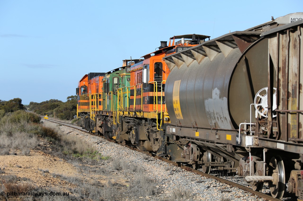 130705 0653
Lock, 1203, 846 and 859 shunt back into the yard with the second loaded portion, HAN type bogie grain hopper waggon HAN 59, one of sixty eight units built by South Australian Railways Islington Workshops between 1969 and 1973 as the HAN type for the Eyre Peninsula system.
