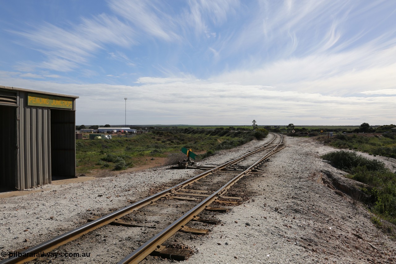130708 0707
Penong Junction, location opened in February 1966, located at the 429.7 km, looking north, line curving to the left is the Kevin - Penong line, while the Port Lincoln line curves to the right.
