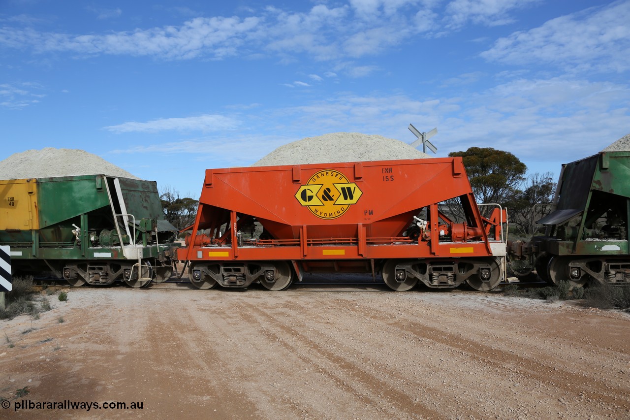 130708 0759
Charra, originally an Kinki Sharyo built NH type for the NAR now coded ENH type ENH 15, in GWA corporate orange livery of owner Genesee & Wyoming Australia, without hungry boards loaded with gypsum, [url=https://goo.gl/maps/fnkK0]Charoban Rd grade crossing, 477.8 km[/url].
Keywords: ENH-type;ENH15;Kinki-Sharyo-Japan;NH-type;NH915;