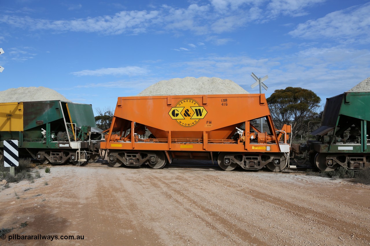130708 0771
Charra, originally an Kinki Sharyo built NH type for the NAR now coded ENH type ENH 41, in GWA corporate orange livery of owner Genesee & Wyoming Australia, without hungry boards loaded with gypsum, [url=https://goo.gl/maps/fnkK0]Charoban Rd grade crossing, 477.8 km[/url].
Keywords: ENH-type;ENH41;Kinki-Sharyo-Japan;NH-type;NH941;
