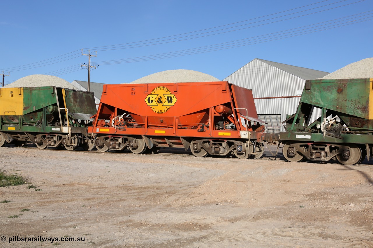 130708 0915
Thevenard originally an Kinki Sharyo built NH type for the NAR now coded ENH type ENH 15 in GWA corporate orange livery of owner Genesee & Wyoming Australia, without hungry boards loaded with gypsum crossing [url=https://goo.gl/maps/dgQdX]Bergmann Drive grade crossing, 434.2 km[/url].
Keywords: ENH-type;ENH15;Kinki-Sharyo-Japan;NH-type;NH915;