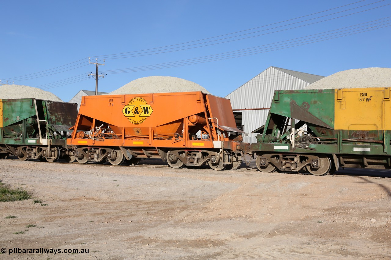 130708 0922
Thevenard originally an Kinki Sharyo built NH type for the NAR now coded ENH type ENH 17 in GWA corporate orange livery of owner Genesee & Wyoming Australia, without hungry boards loaded with gypsum crossing [url=https://goo.gl/maps/dgQdX]Bergmann Drive grade crossing, 434.2 km[/url].
Keywords: ENH-type;ENH17;Kinki-Sharyo-Japan;NH-type;NH917;