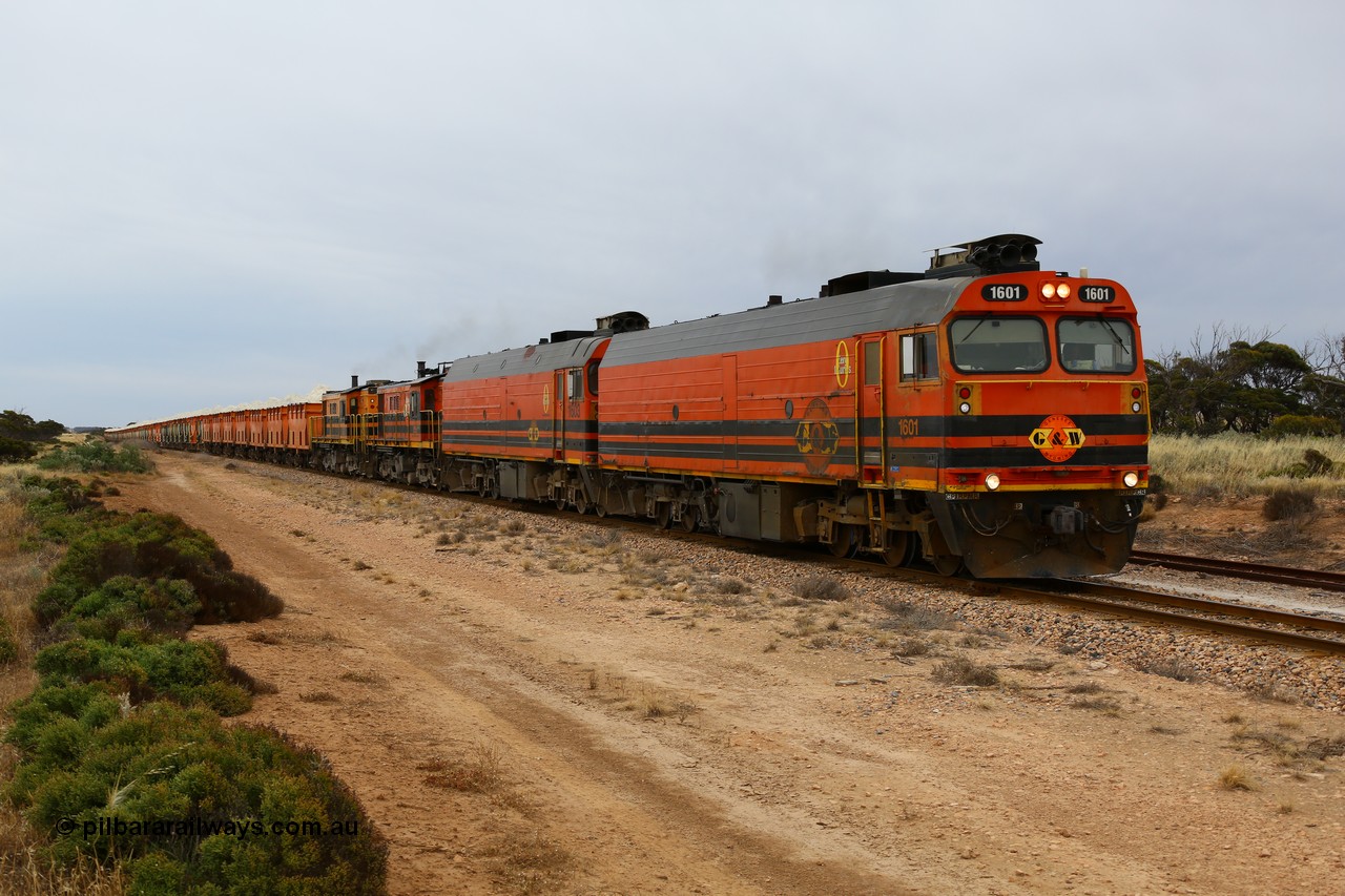 161109 1894
Moule, train 4DD4 rumbles along the mainline behind Genesee & Wyoming locomotives Clyde Engineering EMD model JL22C units 1601 serial 71-728 and 1603 serial 71-730 and a pair of AE Goodwin ALCo model DE531 units 859 serial 84705 and 850 serial 84136 with 62 loaded waggons. 1601 was originally built as the class leader of the NJ class NJ 1 and name 'Ben Chifley' and after starting life on the Central Australia line was transferred to the Eyre Peninsula in 1981.
Keywords: 1600-class;1601;Clyde-Engineering-Granville-NSW;EMD;JL22C;71-728;NJ-class;NJ1;