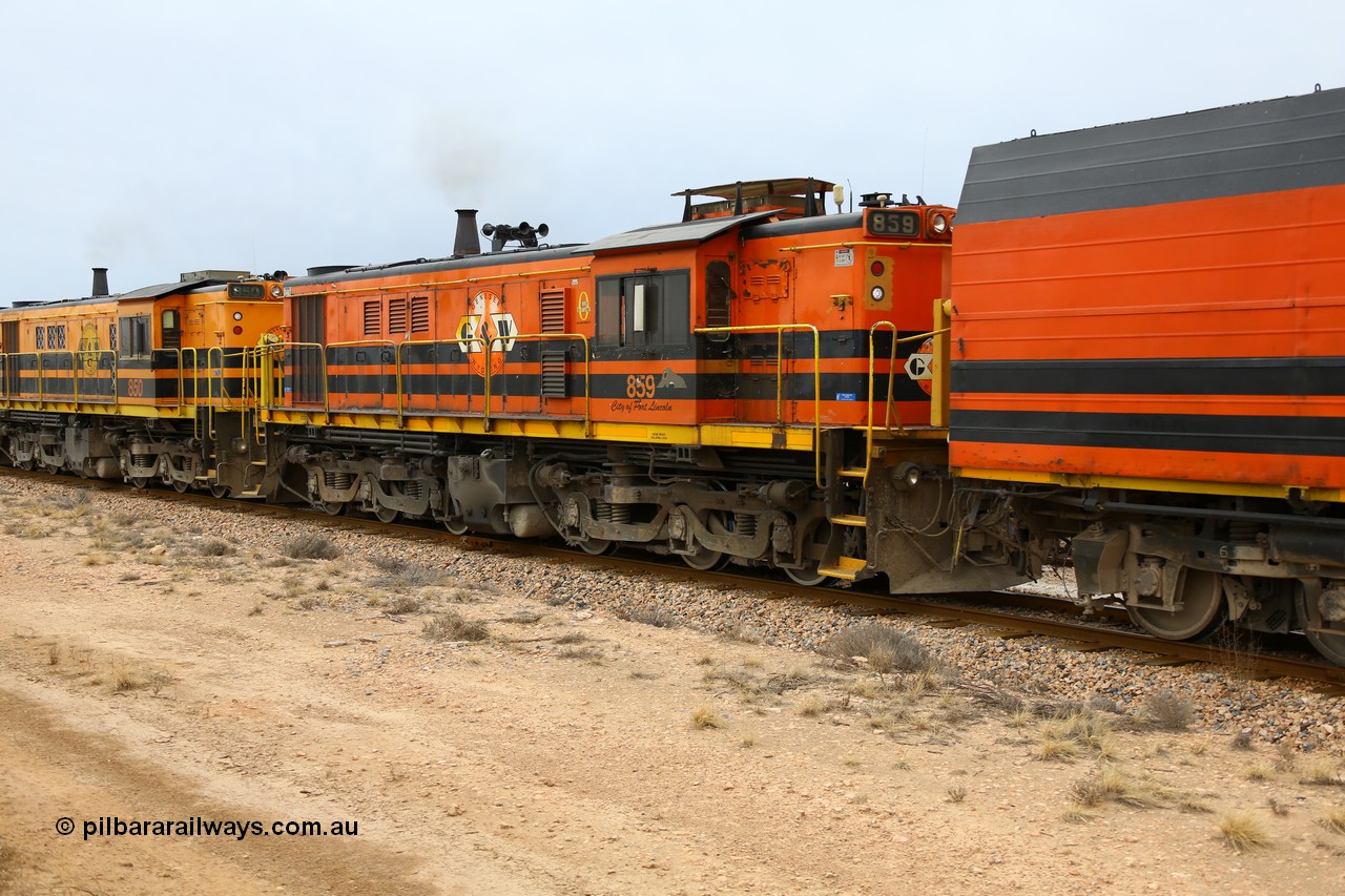 161109 1896
Moule, train 4DD4 rumbles along the mainline with third unit Genesee & Wyoming locomotive AE Goodwin ALCo model DL531 unit 859 'City of Port Lincoln' serial 84705, built in 1963, 859 started life at Peterborough, spent some years in Tasmania and even spent time in Perth on standard gauge before being transferred to the Eyre Peninsula system in 2003.
Keywords: 830-class;859;AE-Goodwin;ALCo;DL531;84705;