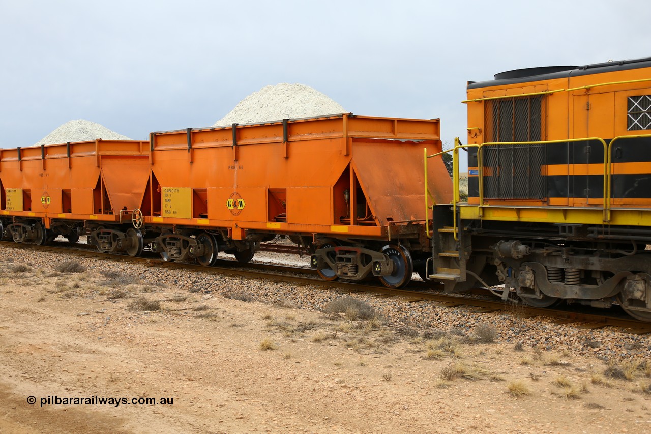 161109 1898
Moule, former BHP RSK type iron ore waggon, modified by G&W Port Lincoln to cart gypsum and coded RSG type, RSG 6, fitted with hungry boards and loaded with gypsum.
Keywords: RSG-type;RSG6;RSK-type;