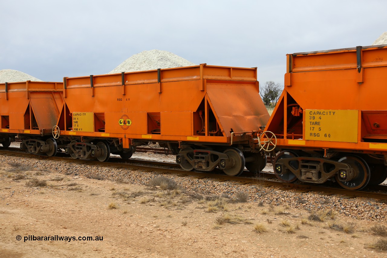 161109 1899
Moule, former BHP RSK type iron ore waggon, modified by G&W Port Lincoln to cart gypsum and coded RSG type, RSG 4, fitted with hungry boards and loaded with gypsum.
Keywords: RSG-type;RSG4;RSK-type;
