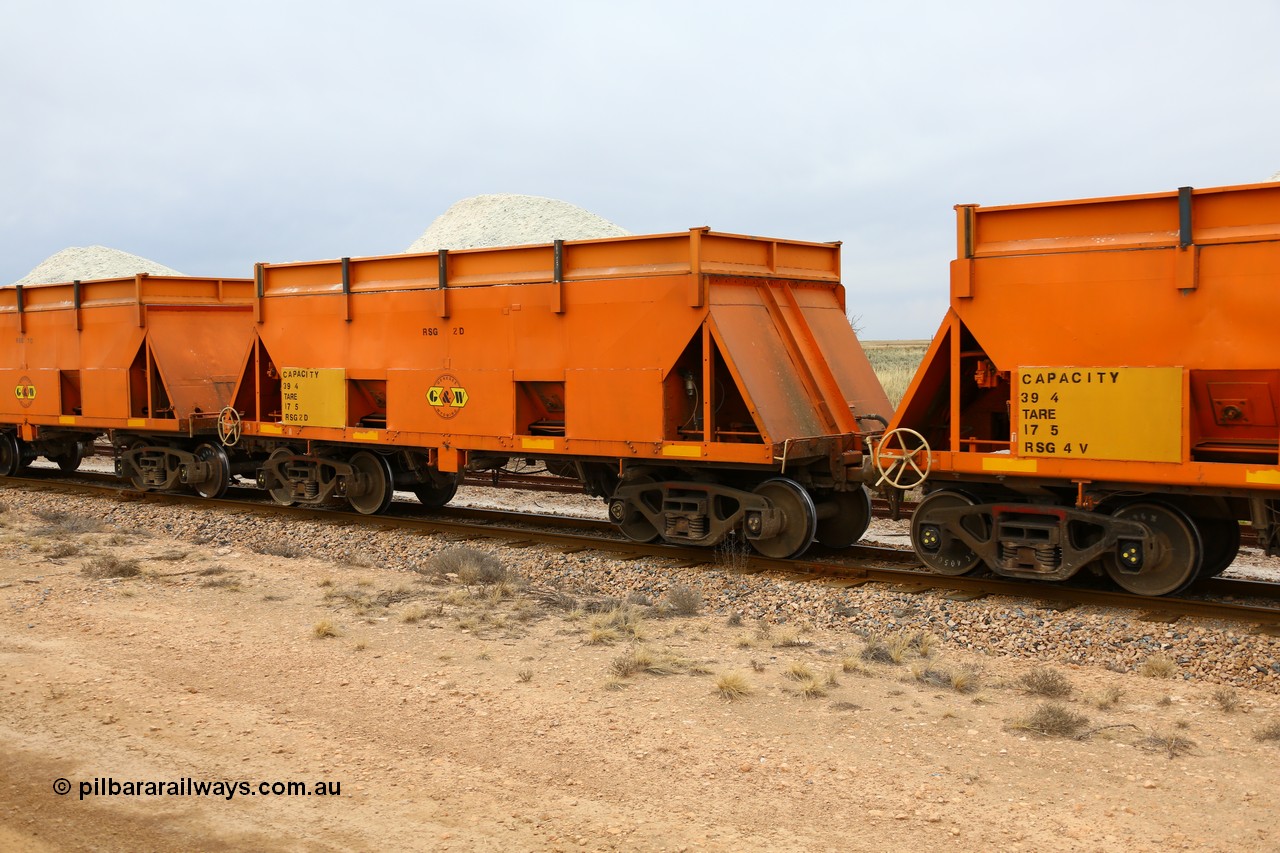 161109 1900
Moule, former BHP RSK type iron ore waggon, modified by G&W Port Lincoln to cart gypsum and coded RSG type, RSG 2, note the riveted body, fitted with hungry boards and loaded with gypsum.
Keywords: RSG-type;RSG2;RSK-type;