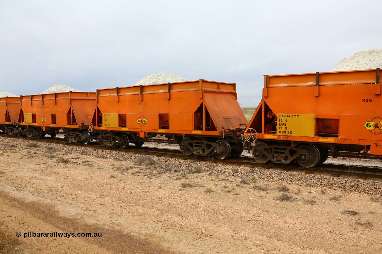 161109 1901
Moule, former BHP RSK type iron ore waggon, modified by G&W Port Lincoln to cart gypsum and coded RSG type, RSG 7, fitted with hungry boards and loaded with gypsum.
Keywords: RSG-type;RSG7;RSK-type;