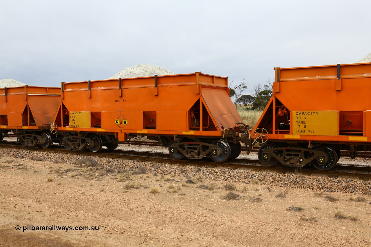 161109 1902
Moule, former BHP RSK type iron ore waggon, modified by G&W Port Lincoln to cart gypsum and coded RSG type, RSG 5, fitted with hungry boards and loaded with gypsum.
Keywords: RSG-type;RSG5;RSK-type;