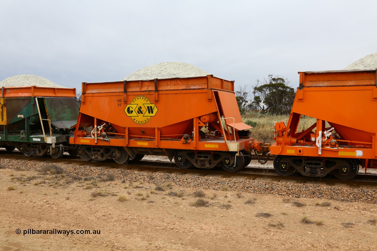 161109 1915
Moule, originally built by Kinki Sharyo as the NH type for the NAR in 1968, sent to Port Lincoln in 1978, then rebuilt and recoded ENH type in 1984, ENH 7, recently refurbished and wearing current owner Genesee & Wyoming orange and decal with matching hungry boards loaded with gypsum.
Keywords: ENH-type;ENH7;Kinki-Sharyo-Japan;NH-type;NH907;