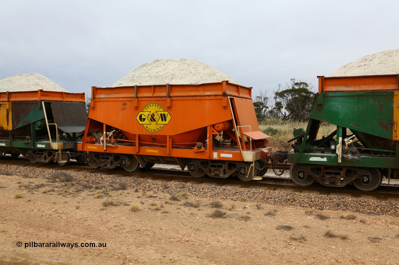 161109 1923
Moule, originally built by Kinki Sharyo as the NH type for the NAR in 1968, sent to Port Lincoln in 1978, then rebuilt and recoded ENH type in 1984, ENH 3, recently refurbished and wearing current owner Genesee & Wyoming orange and decal with matching hungry boards loaded with gypsum.
Keywords: ENH-type;ENH3;Kinki-Sharyo-Japan;NH-type;NH903;