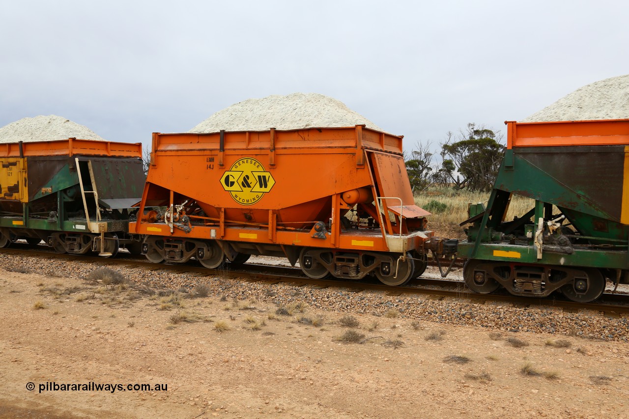 161109 1931
Moule, originally built by Kinki Sharyo as the NH type for the NAR in 1968, sent to Port Lincoln in 1978, then rebuilt and recoded ENH type in 1984, ENH 14, refurbished and wearing current owner Genesee & Wyoming orange and decal with matching hungry boards loaded with gypsum.
Keywords: ENH-type;ENH14;Kinki-Sharyo-Japan;NH-type;NH914;