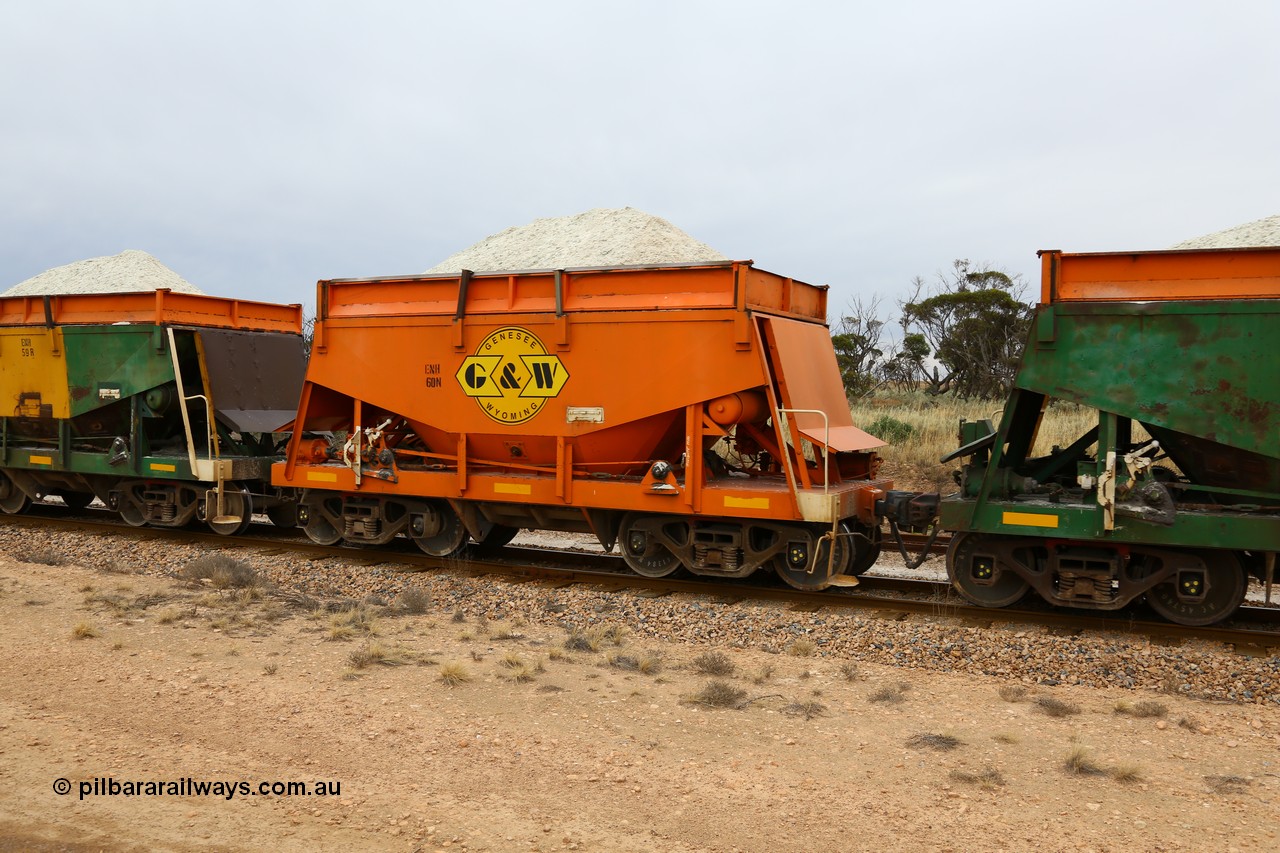 161109 1935
Moule, originally built by Kinki Sharyo as the NH type for the NAR in 1968, sent to Port Lincoln in 1978, then rebuilt and recoded ENH type in 1984, ENH 60, refurbished and wearing current owner Genesee & Wyoming orange and decal with matching hungry boards loaded with gypsum.
Keywords: ENH-type;ENH60;Kinki-Sharyo-Japan;NH-type;NH960;