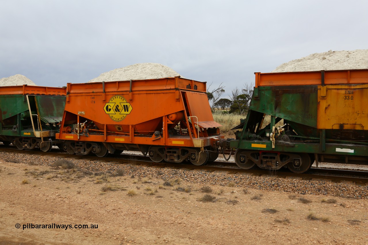 161109 1956
Moule, originally built by Kinki Sharyo as the NH type for the NAR in 1968, sent to Port Lincoln in 1978, then rebuilt and recoded ENH type in 1984, ENH 17, refurbished and wearing current owner Genesee & Wyoming orange and decal with matching hungry boards loaded with gypsum.
Keywords: ENH-type;ENH17;Kinki-Sharyo-Japan;NH-type;NH917;