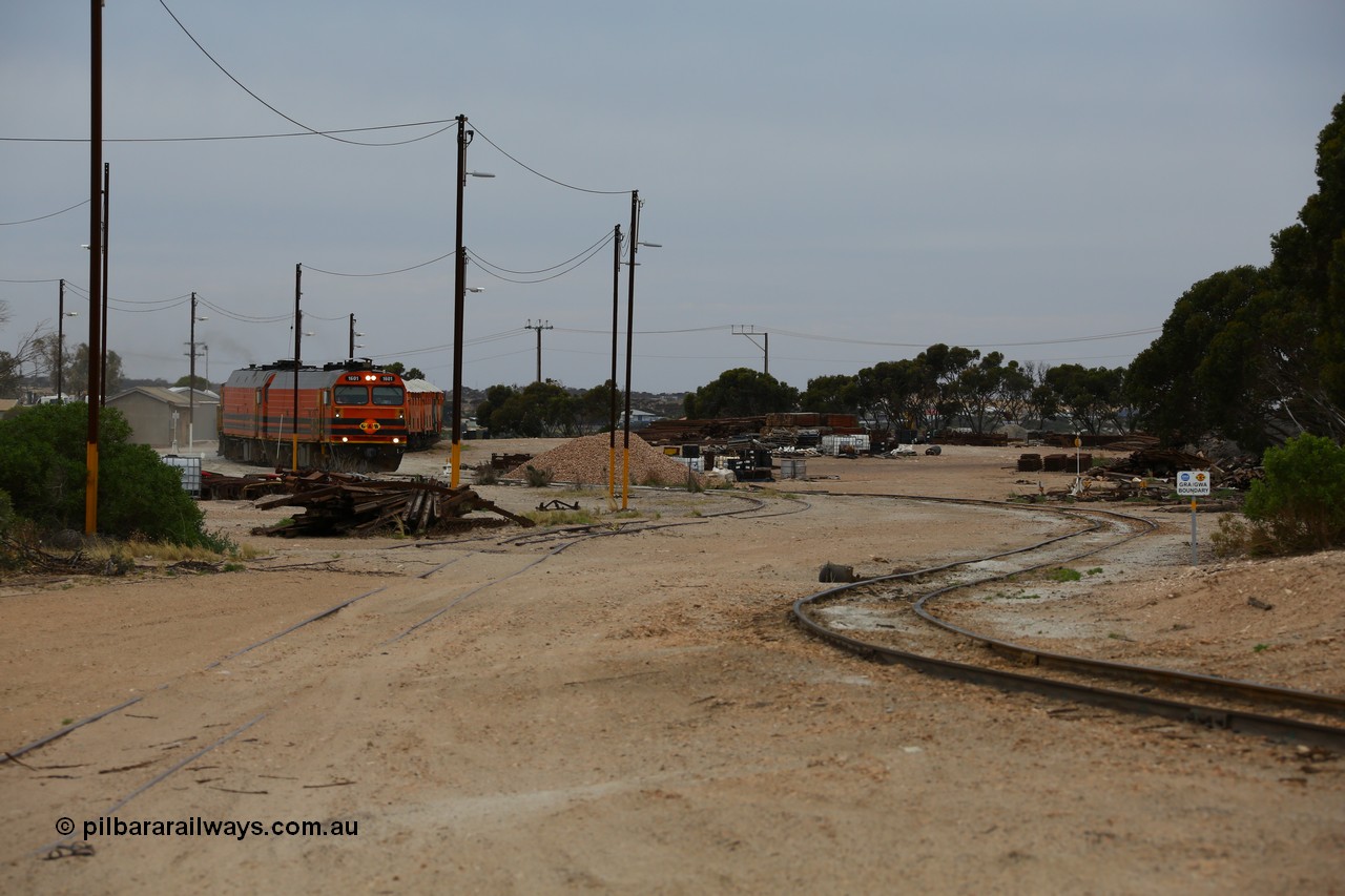 161109 1963
Thevenard, train 4DD4 enters the yard behind Genesee & Wyoming locomotives Clyde Engineering EMD model JL22C unit 1601 serial 71-728 and 1603 serial 71-730 as they negotiate the yard to the GRA siding balloon for unloading.
Keywords: 1600-class;1601;Clyde-Engineering-Granville-NSW;EMD;JL22C;71-728;NJ-class;NJ1;