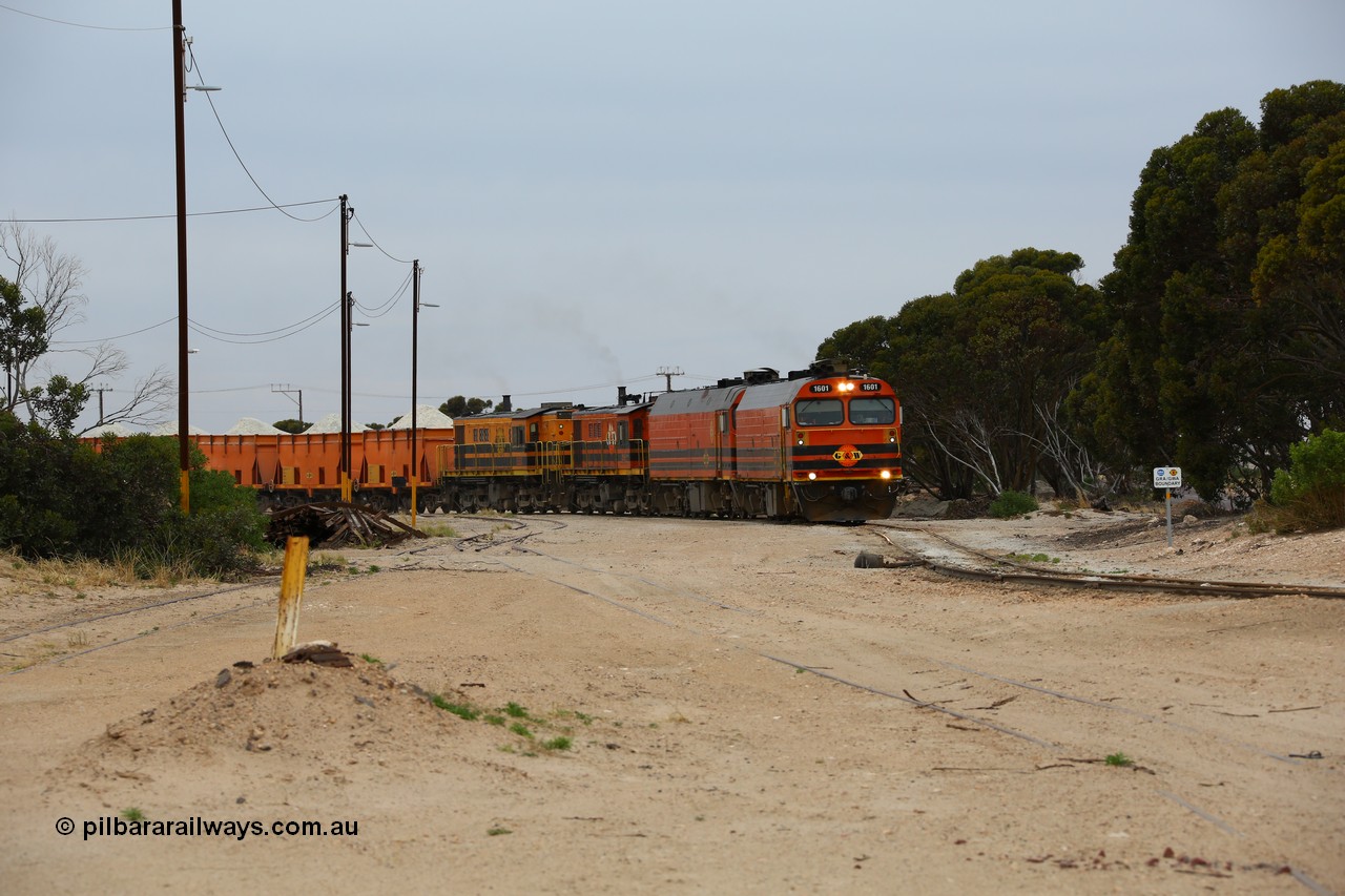 161109 1965
Thevenard, train 4DD4 enters the yard behind Genesee & Wyoming locomotives Clyde Engineering EMD model JL22C unit 1601 serial 71-728 and 1603 serial 71-730 as they negotiate the yard to the GRA siding balloon for unloading.
Keywords: 1600-class;1601;Clyde-Engineering-Granville-NSW;EMD;JL22C;71-728;NJ-class;NJ1;